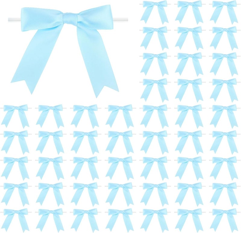 Meseey 50 Pcs 3 Inches Twist Tie Satin Ribbon Bows Baby Blue Pretied Premade Craft Bows for Treat Bags Gift Wrapping Basket Wedding Baby Shower Brithday Christmas Party (3", Baby Blue) - Image 1